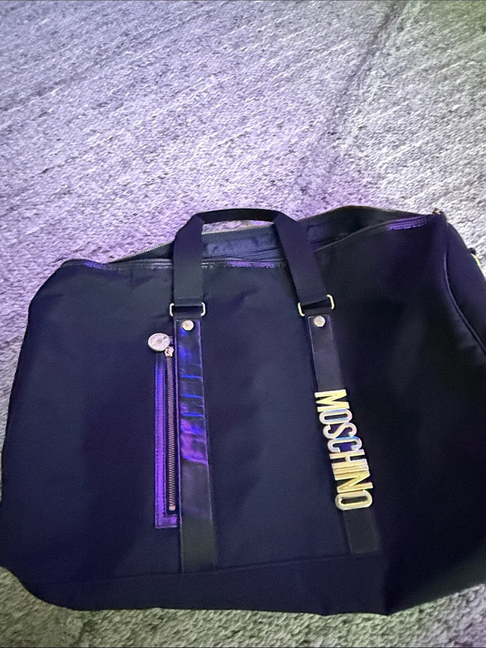 Moschino Black Duffel Bag with Gold Logo Hardware